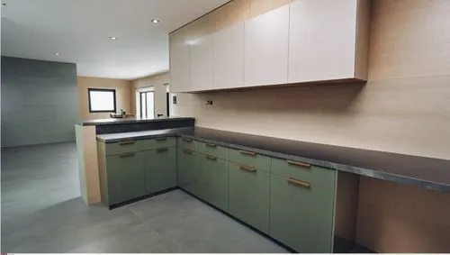 I provided you with an image. This image is supposed to be a kitchen. I need this kitchen with a dark green matte pigment and black marble. The breaks between the tiles should have a wood texture. The