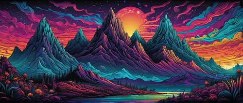 volcano,volcanos,volcanic landscape,mountains,mountain world,lava,volcanism,volcanic,acid lake,mushroom landscape,high mountains,psychedelic art,alien world,fire mountain,giant mountains,valley of the moon,lava lamp,alien planet,mountain sunrise,lava cave,Illustration,Realistic Fantasy,Realistic Fantasy 25