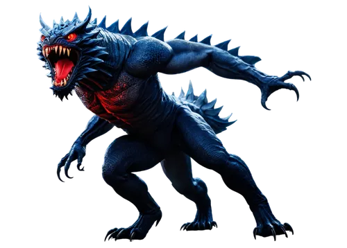 Fierce monster, roaring loudly, sharp teeth, glowing red eyes, scaly skin, muscular arms, sharp claws, powerful legs, fantasy creature, dynamic pose, low-angle shot, dramatic lighting, intense atmosph