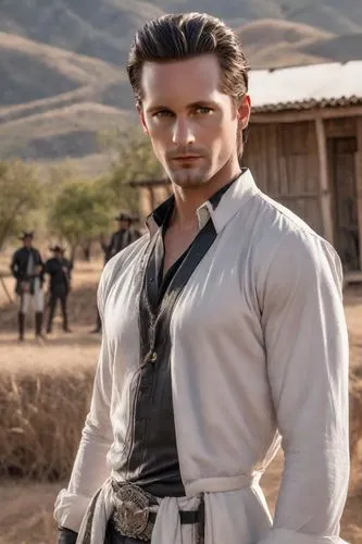 Men on a rich ranch in Jalisco, Mexico. Rich style. Villain vibes, black clothes,a man with long hair is in a white shirt,moghul,filoni,gilsig,bohannon,aramis,alatriste,Photography,Realistic