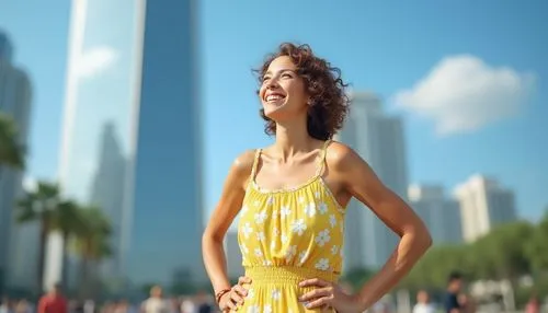 Mature lady, smiling, curly brown hair, gentle makeup, wearing a bright yellow sundress with white flowers, standing in front of a skyscraper, hands on hips, looking up at the tower's grandeur, citysc