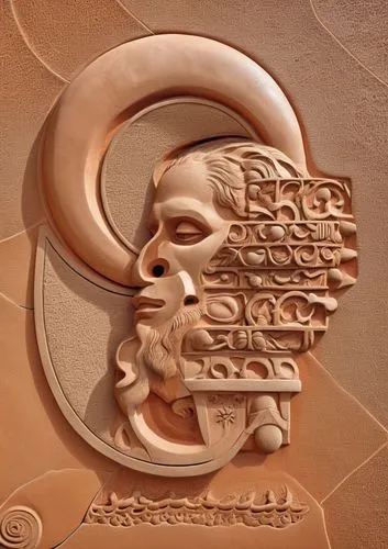 terracotta bas relief,the head of a man has a circular design on it,akhenaten,png sculpture,sand art,amenhotep,taino,olmec,Photography,General,Realistic