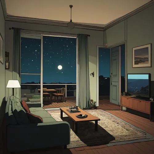 sleeping room,night scene,evening atmosphere,modern room,great room,livingroom,blue room,room,sky apartment,bedroom window,apartment,bedroom,an apartment,empty room,photorealism,sketchup,crewdson,one room,dreamfall,rooms,Illustration,Vector,Vector 10