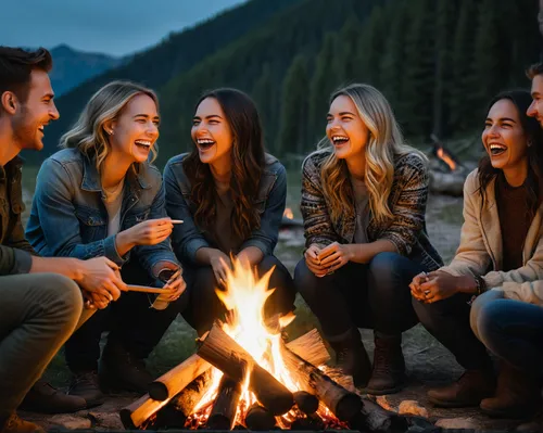 Write about a group of friends laughing by a campfire,campfire,campfires,camp fire,circle of friends,women friends,fire pit,group of people,celebration of witches,firepit,fire bowl,laughing tip,group 