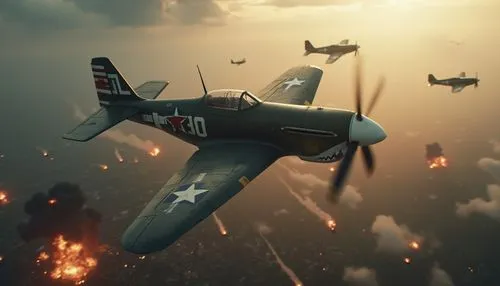 32k photo-realistic Battle of Balikpapan, July 1945 in hyper-realistic cinematic shot of a squadron of P-40 Warhawk fighters providing air support during the Battle of Balikpapan (1945). The P-40 Warh