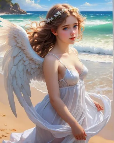 Realistic Painting in William-Adolphe Bouguereau style of a beautiful adult female angel has a curvy body, white skin, natural blue eyes, and wearing simple lingerie. Realistic hands, realistic five f