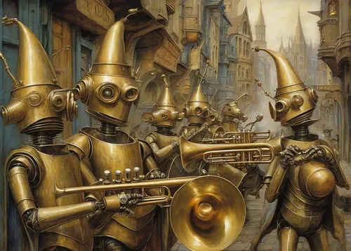 Imagine a futuristic city where trumpet-playing robots celebrate Trumpet Day.,brass band,musicians,trombone player,trumpet player,trombonist,trombone concert,street musicians,c-3po,fanfare horn,droids