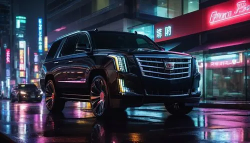 Dark mysterious night scene, cityscape, Tokyo neon lights, skyscraper, modern architecture, Cadillac Escalade, black glossy car body, sleek wheels, luxurious interior, soft leather seats, ambient ligh