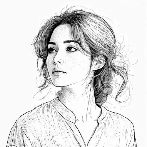 女生，衬衫，线稿，线条艺术，简洁的线条，简约主义,black and white drawing of a woman wearing a shirt,rampling,akanishi,younha,takiko,liesel,fantine,Design Sketch,Design Sketch,Black and white Comic