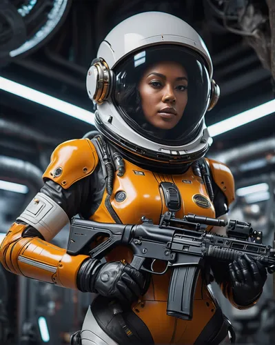 a woman in a Space Suite outfit with helmet, holding a gun, inspired by Marek Okon, afrofuturism, glados, latex suit and raincoat, space suit, details,
Standing in a alien spaceship
,sci fi,sci - fi,s