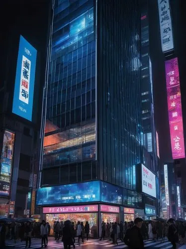 Futuristic architectural digest, show 2023, modern skyscraper, sleek lines, silver metallic facade, glass windows, LED lights, cityscape, night scene, Tokyo streets, busy intersection, neon billboards