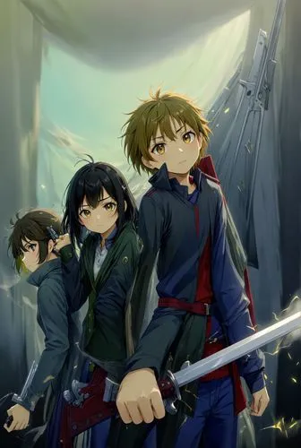 niño sosteniendo espada y niña sosteniendo pistola,the three young people are in the anime,shinran,haruhi suzumiya sos brigade,swordsmen,pelleas,clamp,dragon slayers,Anime,Anime,Realistic