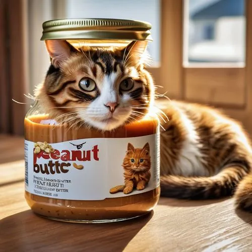 a cat looking at a jar of peanut butter,cat food,almond biscuit,animal product,peanut butter,small animal food,peanut sauce,abyssinian,american curl,pet food,pet vitamins & supplements,marmalade,biscu