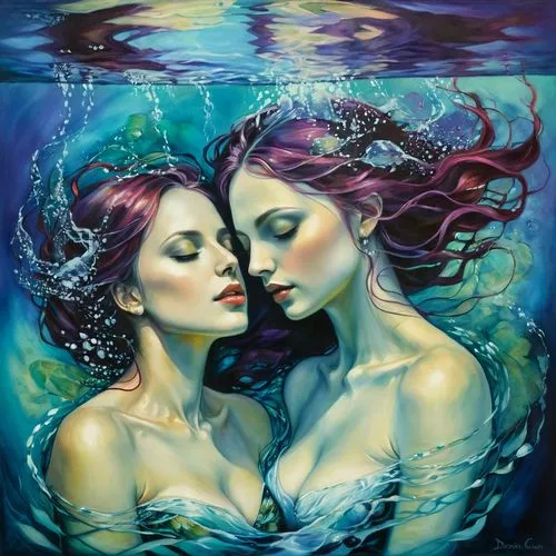 mermaid vectors,mermaids,sirens,believe in mermaids,mermaid background,under the water,submerged,underwater background,merfolk,oil painting on canvas,gemini,watery heart,under water,pisces,water pearls,underwater,water nymph,two girls,two dolphins,siren,Illustration,Realistic Fantasy,Realistic Fantasy 30