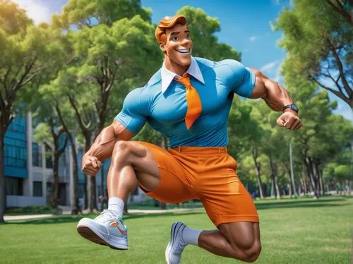 Scooby Doo, muscular, athletic build, ripped arms, strong legs, dynamic pose, blue shirt with white collar, orange necktie, blue shorts, sneakers, energetic facial expression, bright eyes, smiling mou