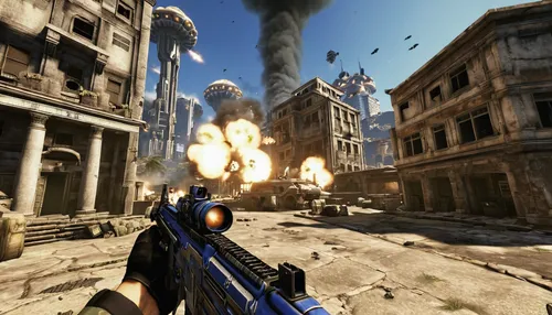 video game, StarCraft, pov, fps, beta version, free access, player character, soldier, military uniform, assault rifle, dynamic action pose, urban warfare environment, destroyed buildings, smoke effec