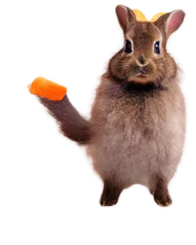 Fluffy rabbit, white whiskers, brown mustache, cute nose, shiny eyes, soft fur, standing upright, front paws together, holding a carrot, yellow bow tie, warm lighting, shallow depth of field, 3/4 comp