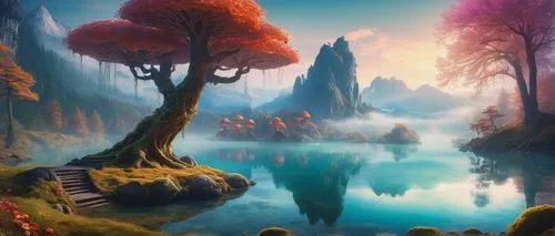 fantasy landscape,mushroom landscape,fantasy picture,fairy forest,underwater landscape,forest landscape,fairy world,elven forest,swampy landscape,river landscape,cartoon video game background,mushroom island,underwater oasis,fairytale forest,landscape background,world digital painting,acid lake,druid grove,3d fantasy,an island far away landscape,Art,Classical Oil Painting,Classical Oil Painting 25