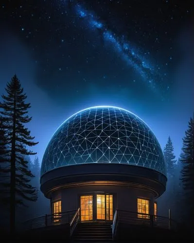 North Star Observatory, futuristic, spherical dome, gleaming metallic surface, intricate details, starry night sky, constellation patterns, subtle neon lights, misty atmosphere, surrounding forest, ta