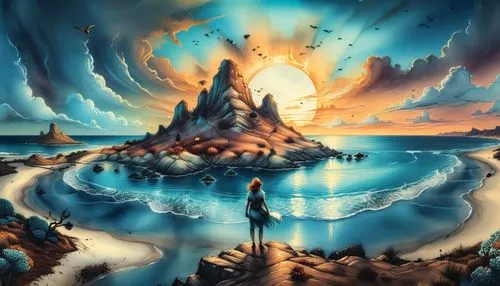 a painting of two people standing on the beach,fantasy picture,fantasy landscape,alfheim,fantasy art,world digital painting,3d fantasy,Illustration,Realistic Fantasy,Realistic Fantasy 25