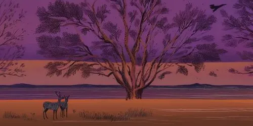 purple landscape,jacaranda trees,dusk background,unicorn background,dead vlei,cowboy silhouettes,background screen,jacaranda,animal silhouettes,deer silhouette,cartoon forest,argan trees,lilac tree,cartoon video game background,two-horses,purple background,screen background,shadow camel,purple wallpaper,sossusvlei,Illustration,American Style,American Style 12