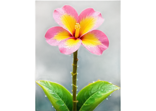 Hawaiian flower, exotic, colorful, delicate petals, yellow center, pink edges, leaves green, stem slender, water droplets, soft natural light, 3/4 composition, shallow depth of field, warm color tone,