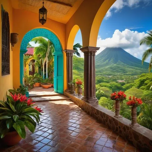 Colorful Honduras architecture, Spanish colonial style, vibrant turquoise walls, ornate wooden doors, rustic stone floors, intricate tile work, majestic arches, grand staircases, lush greenery surroun