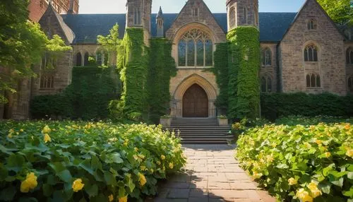 Princeton University campus, historic architecture, Gothic style, ivy-covered stone walls, tall spires, grand entrance, ornate details, stained glass windows, majestic halls, wooden benches, lush gree