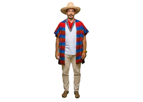 Mexican man, traditional attire, sombrero, thick mustache, dark skin tone, bright colorful poncho, white shirt, brown pants, leather belt, sandals, festive accessories, holding maracas, standing, conf