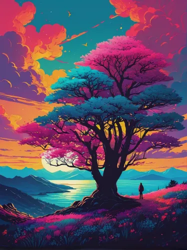 colorful tree of life,painted tree,purple landscape,isolated tree,serengeti,colorful background,jacaranda,lone tree,dusk,landscape background,silhouette art,dusk background,mushroom landscape,tree silhouette,tree of life,vibrant,tree,the trees,vibrant color,magic tree,Conceptual Art,Fantasy,Fantasy 32