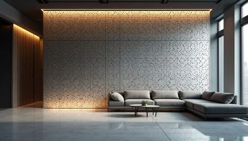 Modern decorative interior design, perforated metal wall, abstract geometric pattern, silver brushed metal material, LED backlighting, futuristic ambiance, high-ceilinged room, marble flooring, sleek 