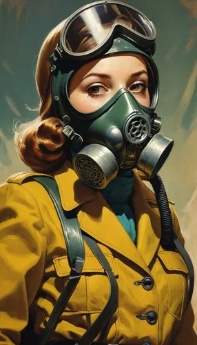 respirator,civil defense,atomic age,respirators,poison gas,hazmat suit,oxygen mask,woman fire fighter,glider pilot,pilot,pandemic,medic,combat medic,fighter pilot,spraying,drone operator,pollution mask,fallout,fallout shelter,the pandemic,Illustration,Retro,Retro 09