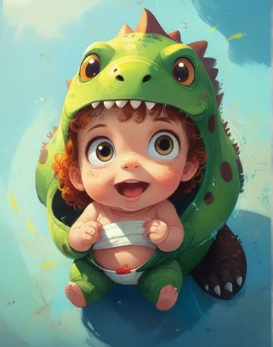 6 months old baby wearing dinosaur custom, brown Egyptian  eyes , brown curly hair, medium weigh, small,  His golden ratio facial expression conveys a sense of happiness, love, and warmth.,an artist's