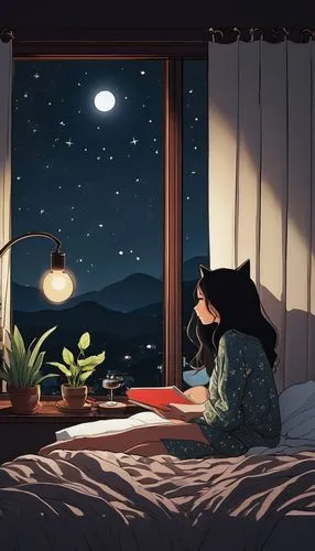 marceline,gn,sogni,buonanotte,bedroom window,night scene,Illustration,Children,Children 06