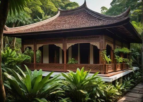 Traditional Malay House, wooden structure, intricate carvings, curved roof, finial decorations, vibrant colors, ornate windows, wooden shutters, stone or brick base, lush greenery surroundings, tropic