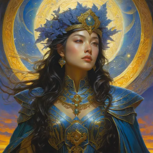 fantasy portrait,blue enchantress,mystical portrait of a girl,zodiac sign libra,priestess,artemisia,fantasy art,golden crown,sorceress,golden wreath,queen of the night,fantasy woman,jaya,sun moon,heroic fantasy,libra,goddess of justice,luna,cleopatra,the enchantress,Illustration,Realistic Fantasy,Realistic Fantasy 03