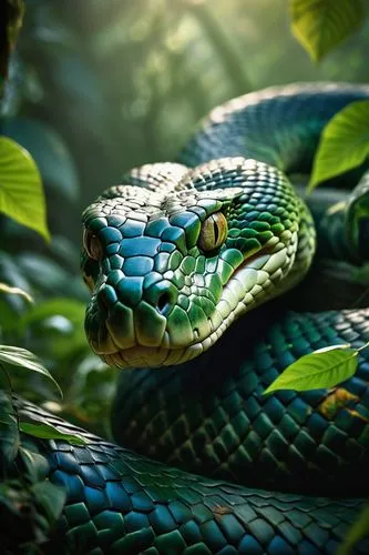 Savannah, giant snake, green scaly skin, sharp teeth, hungry eyes, devouring, massive elephant, wrinkled grey skin, tusks, jungle trees, vines, warm sunlight filtering through leaves, misty atmosphere