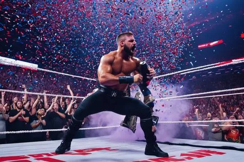 Wrestling arena, royal rumble event, dramatic spotlight, muscular men, ripped shirts, torn pants, intense facial expressions, sweat droplets, championship belt, loud crowd cheering, confetti explosion