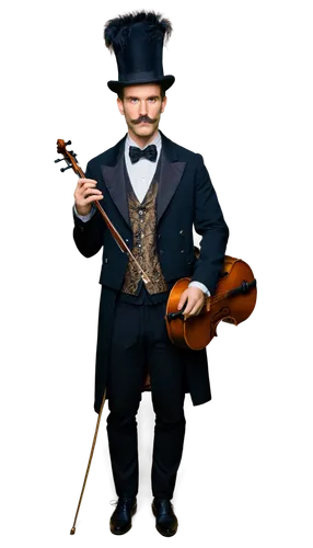 Historical musician, male, Victorian era, formal wear, top hat, monocle, bushy mustache, holding violin, classic orchestra background, warm lighting, shallow depth of field, cinematic composition, sof