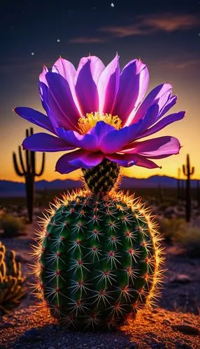 A cactus flower glowing from within, illuminating the harsh desert landscape at night.,night-blooming cactus,moonlight cactus,flower in sunset,large-flowered cactus,desert flower,cactus digital backgr