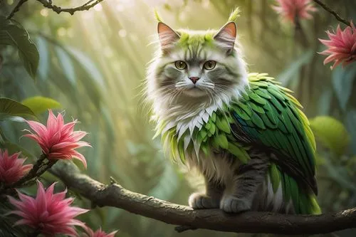 tiger parakeet,norwegian forest cat,green bird,quetzal,beautiful parakeet,exotic bird,magpie cat,birman,american bobtail,tropical bird,green parakeet,flower cat,fairy peacock,whimsical animals,domestic long-haired cat,cat sparrow,cute parakeet,forest animal,breed cat,nature bird,Illustration,Abstract Fantasy,Abstract Fantasy 06