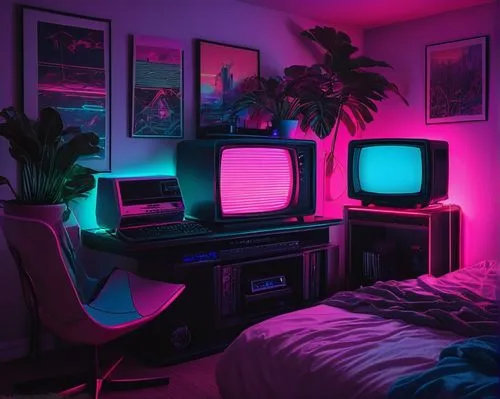 aesthetic,retro styled,80s,neon,80's design,modern room,computer room,bedroom,neon lights,colored lights,room,neon colors,neon candies,neon ghosts,neon light,game room,setup,one room,livingroom,great room,Illustration,Retro,Retro 14