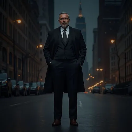 dark gray, timeless, elegant, mysterious, formal wear, suit jacket, trousers, white dress shirt, black tie, leather shoes, mature man, 30s, confident posture, standing, city street, skyscraper, night 