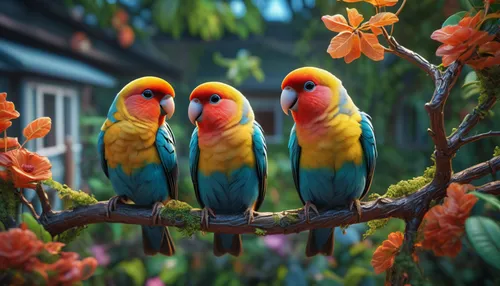 2 colorful lovebirds standing on a tree branch in the middle of a home garden,parrot couple,tropical birds,golden parakeets,macaws of south america,colorful birds,parrots,couple macaw,macaws,rare parr