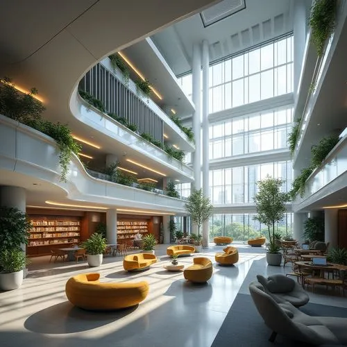 Modern student hall, futuristic architecture, minimalist interior design, sleek lines, metallic materials, LED lighting, panoramic windows, communal spaces, virtual reality zones, cozy reading nooks, 