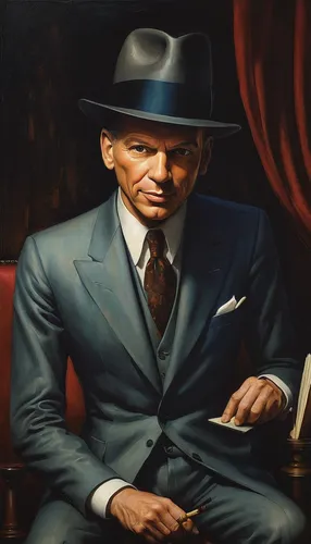 frank sinatra,c m coolidge,atatürk,gentleman icons,black hat,custom portrait,black businessman,businessman,oil on canvas,gentlemanly,brown hat,artist portrait,executive,governor,man portraits,oil painting on canvas,official portrait,al capone,bloned portrait,watchmaker,Illustration,Abstract Fantasy,Abstract Fantasy 09