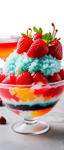 Shaved ice, dessert, sweet treat, transparent bowl, colorful syrup, strawberry flavor, red cherry on top, creamy texture, soft focus, warm lighting, 3/4 composition, shallow depth of field, pastel col