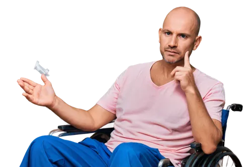 Cancer patient, middle-aged man, thinning hair, pale skin, dark circles under eyes, worn-out expression, hospital gown, IV tube attached to hand, wheelchair, solemn atmosphere, soft natural lighting, 