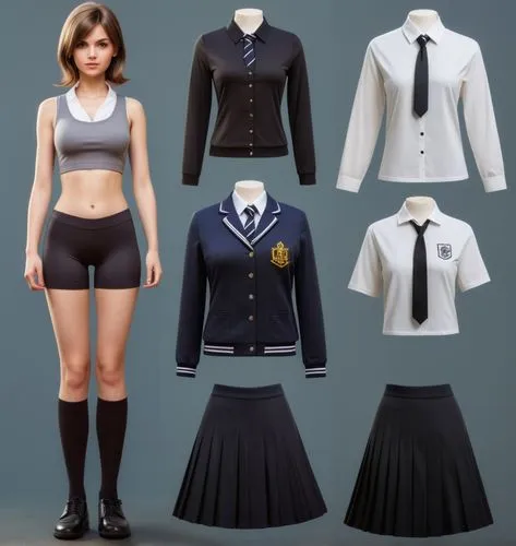 Paper doll British 16 year old schoolgirl in black sleeveless shirt ,black tight fit spandex shorts with black sock and black shoe standing surrounded by with a set of british school uniform, white dr