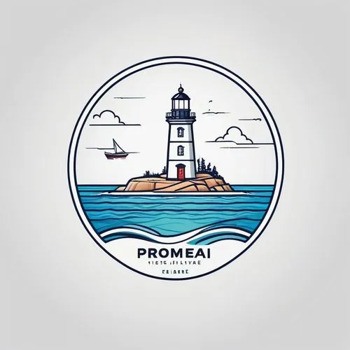 Logo for Promeai on the theme of lighthouse in a small island in ocean, flat, vector, 2d, line art, wtih text "Promeai",pioneer badge,promontory,nautical clip art,pomade,proclaim,pohang,dribbble icon,